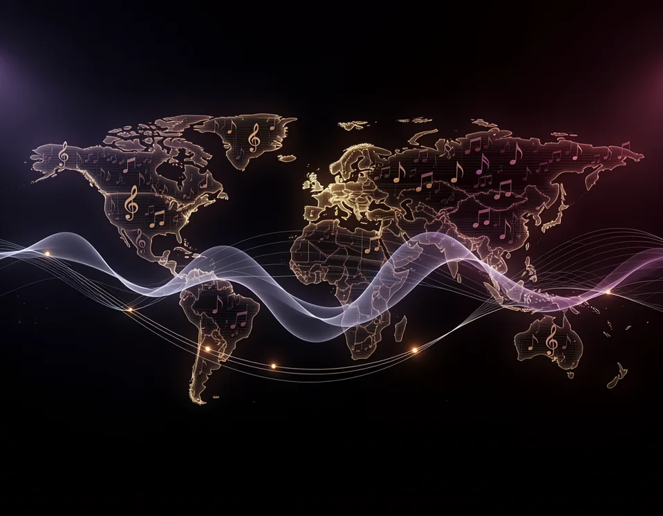Illuminated world map threaded with musical lines and notes